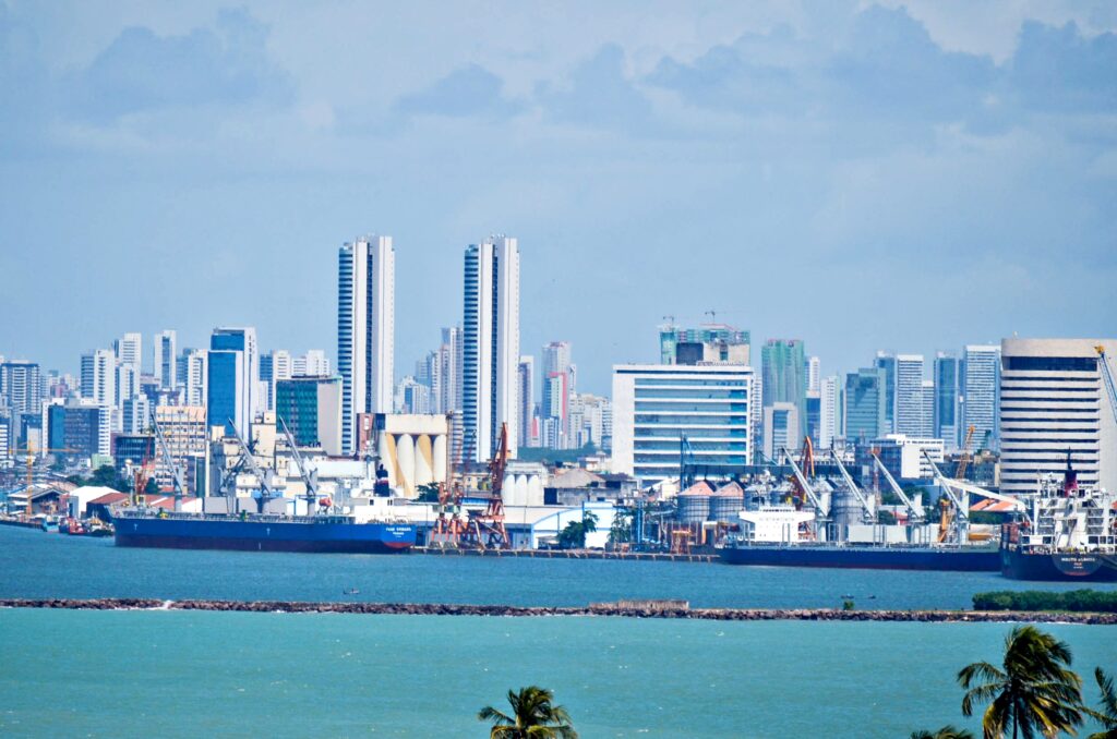 Cargo ships, cranes and grain silos at Recife Port, with the city skyline behind them
