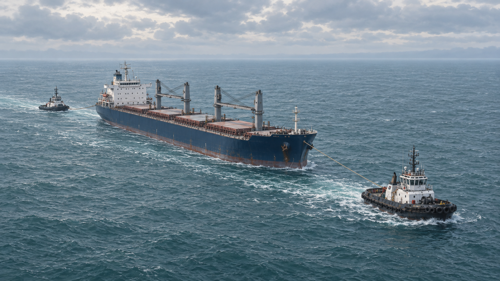 Illustration of a merchant vessel assisted by two tugboats in open water.