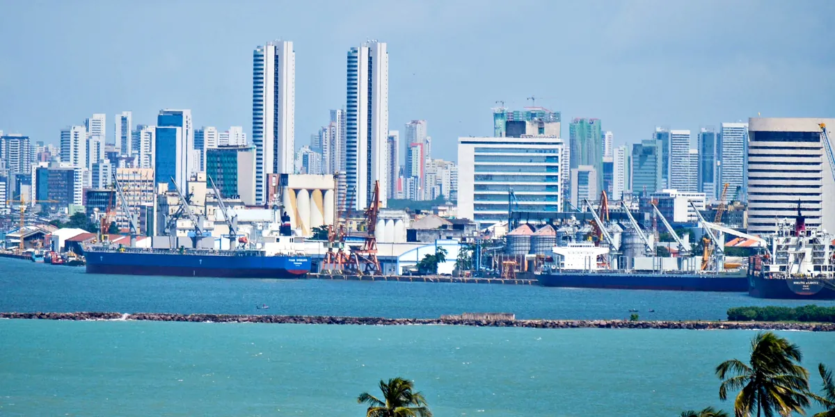 The Port of Recife seen from across the water: cargo ships alongside the quay in front of silos and cranes, the city skyline behind and the stone reef in the foreground.