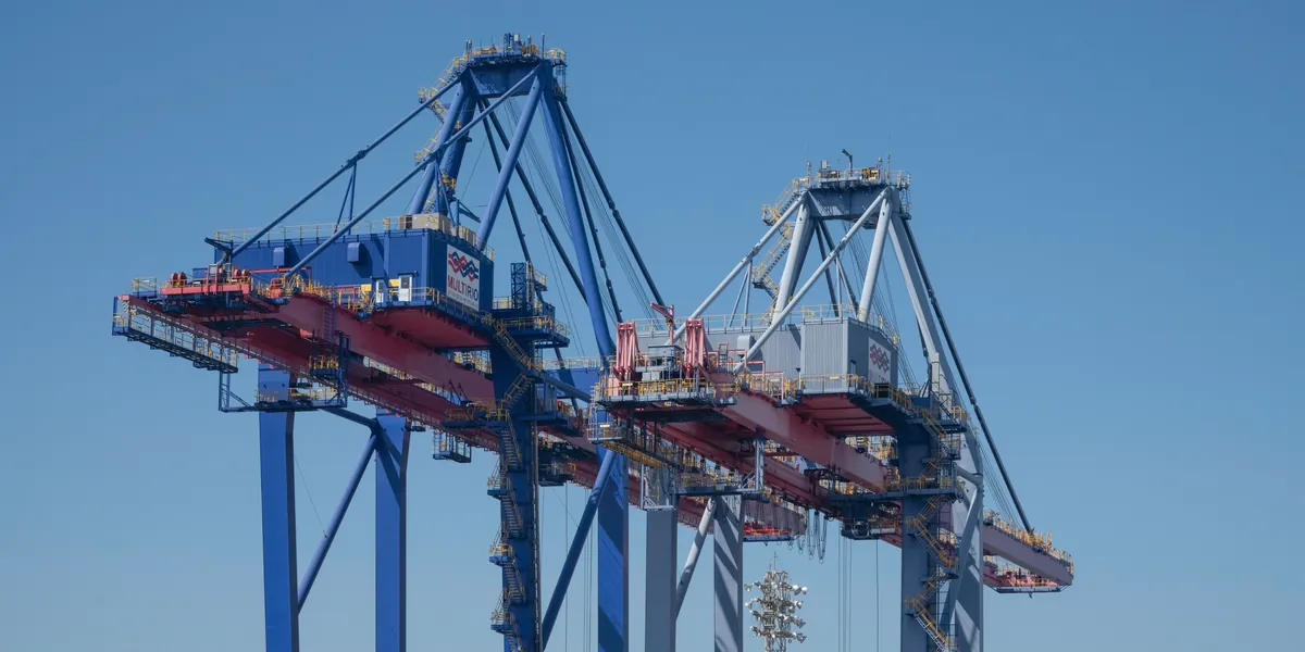 Two ship-to-shore container cranes at the TECON-RJ container terminal, Port of Rio de Janeiro, against a clear sky.