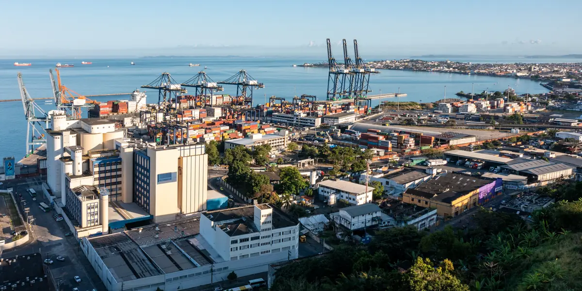 Aerial view of the Port of Salvador: the TECON Salvador container terminal with its ship-to-shore cranes and container yard, silos beside the quay and ships at anchor in Todos os Santos Bay.