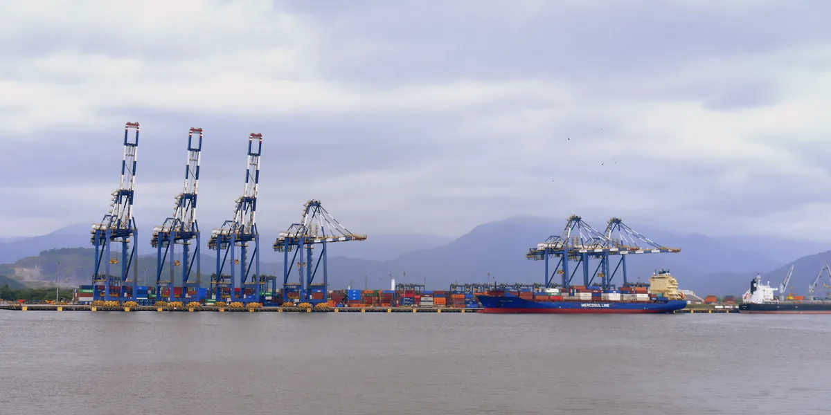 Ship-to-shore container cranes and a container ship alongside at the Port of Santos, with mountains behind under a cloudy sky.
