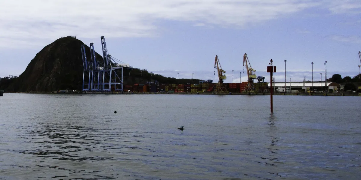 The Port of Vitória seen across Vitória Bay: container cranes and stacks at Capuaba, in Vila Velha, beside the Penedo rock, with harbour cranes along the quay.